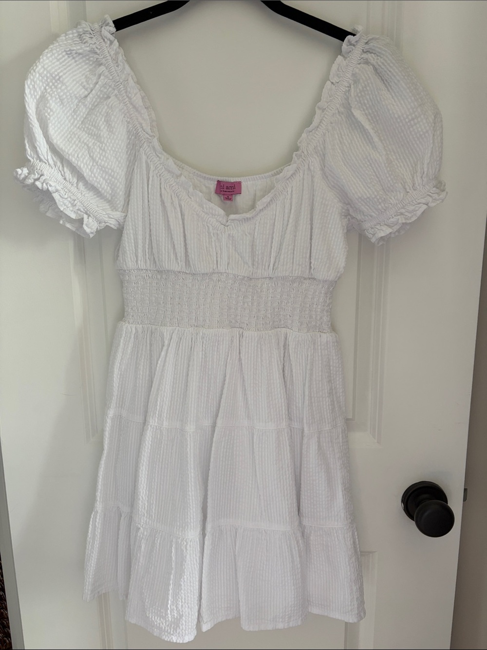 Francesca's Collections White Puff Sleeve Tiered Mini Dress